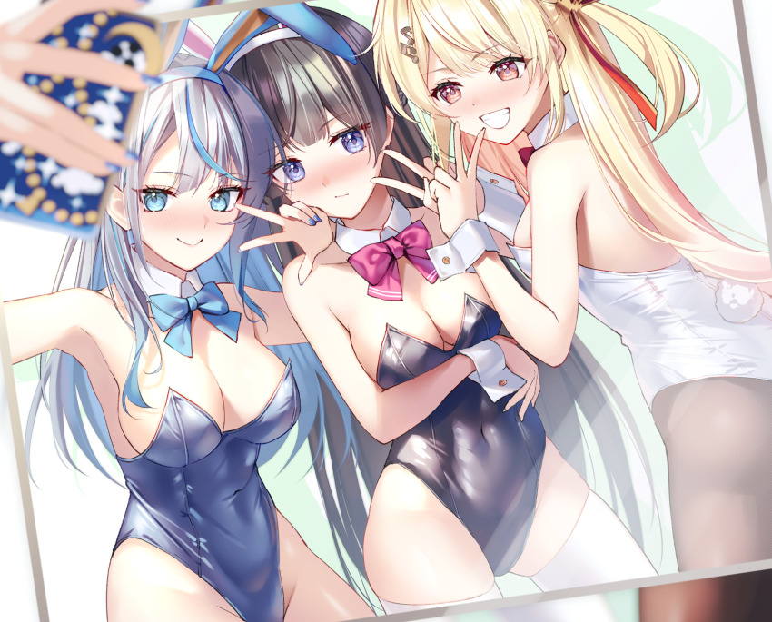 amagai_ruka, animal_ear_hairband, animal_ears, black_hair, black_leotard, blonde_hair, blue_bow, blue_bowtie, blue_eyes, blue_hair, blue_leotard, bow, bowtie, breasts, cleavage, closed_eyes, commission, cowboy_shot, crossover, cuckoo_ki, detached_collar, fake_animal_ears, grey_hair, grin, hairband, highres, hololive, hololive_dev_is, leotard, medium_breasts, multicolored_hair, nijisanji, otonose_kanade, pantyhose, photo_(object), pixiv_commission, playboy_bunny, rabbit_ears, rabbit_tail, red_bow, red_bowtie, red_eyes, selfie, smile, strapless, strapless_leotard, streaked_hair, tail, tsukino_mito, two_side_up, virtual_youtuber, weather_planet, white_leotard, wrist_cuffs
