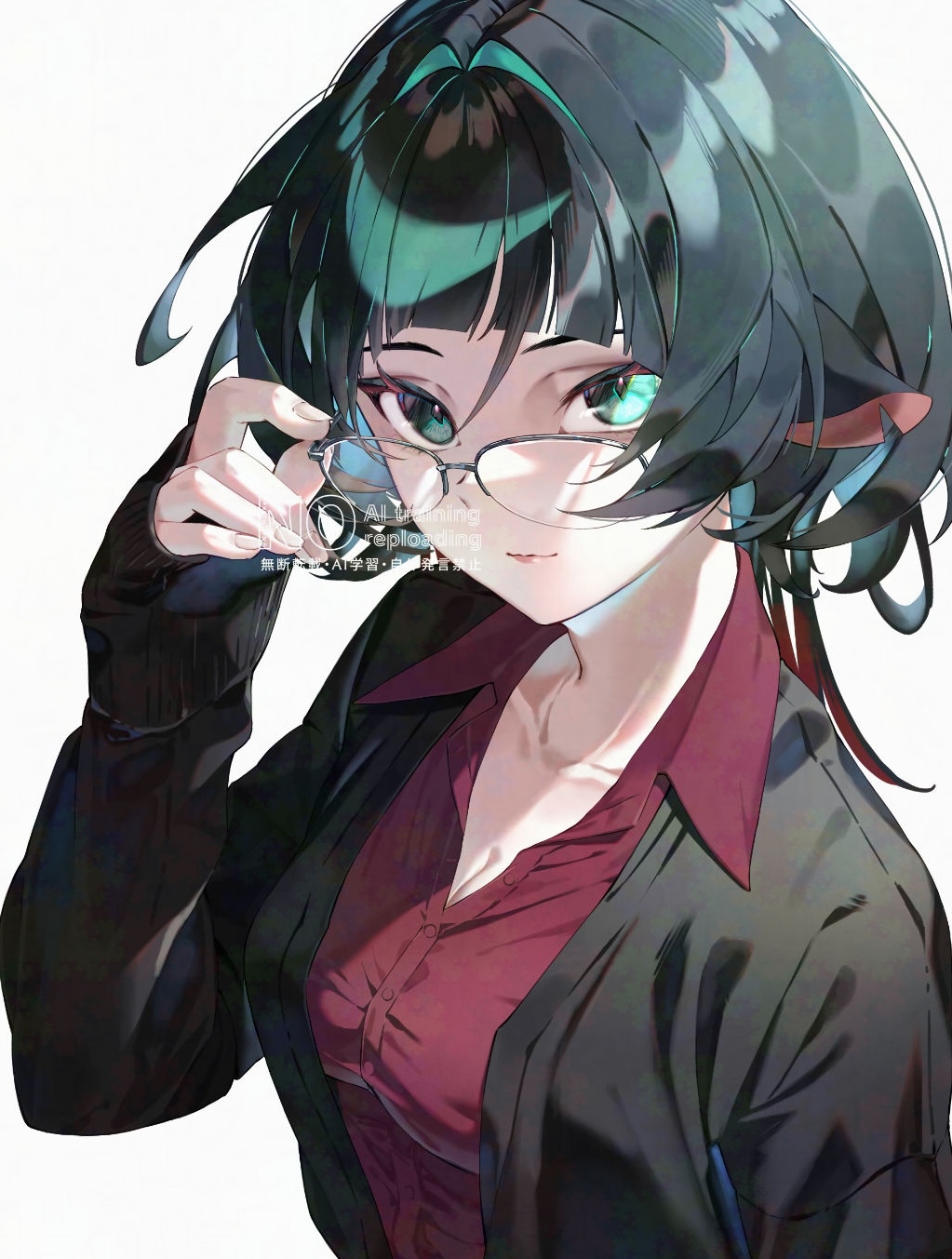 1girl, animal_ears, black_hair, black_jacket, blue_eyes, business_casual, business_suit, closed_mouth