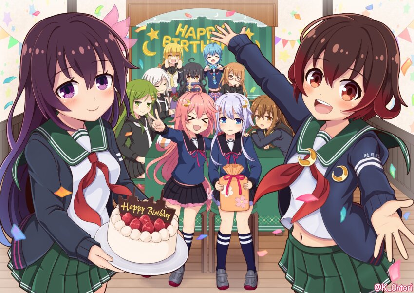 6+girls, birthday_cake, black_socks, blue_jacket, brown_eyes, cake, chair, confetti