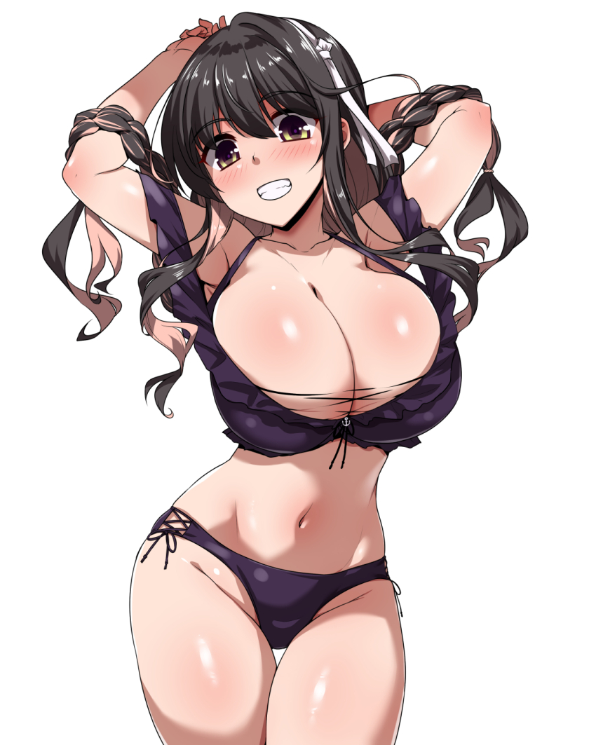1girl, :d, ;d, arms_behind_head, bikini, black_bikini, black_eyes, black_hair