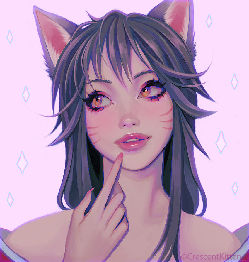 1girl, ahri_(league_of_legends), animal_ears, bare_shoulders, black_hair, crescentkitten, facial_mark, finger_to_mouth