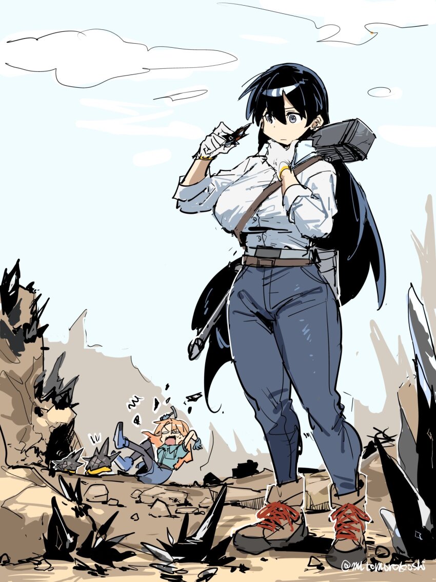 2girls, arato_nagi, arknights, belt, black_hair, black_pantyhose, blue_pants, blue_shoes