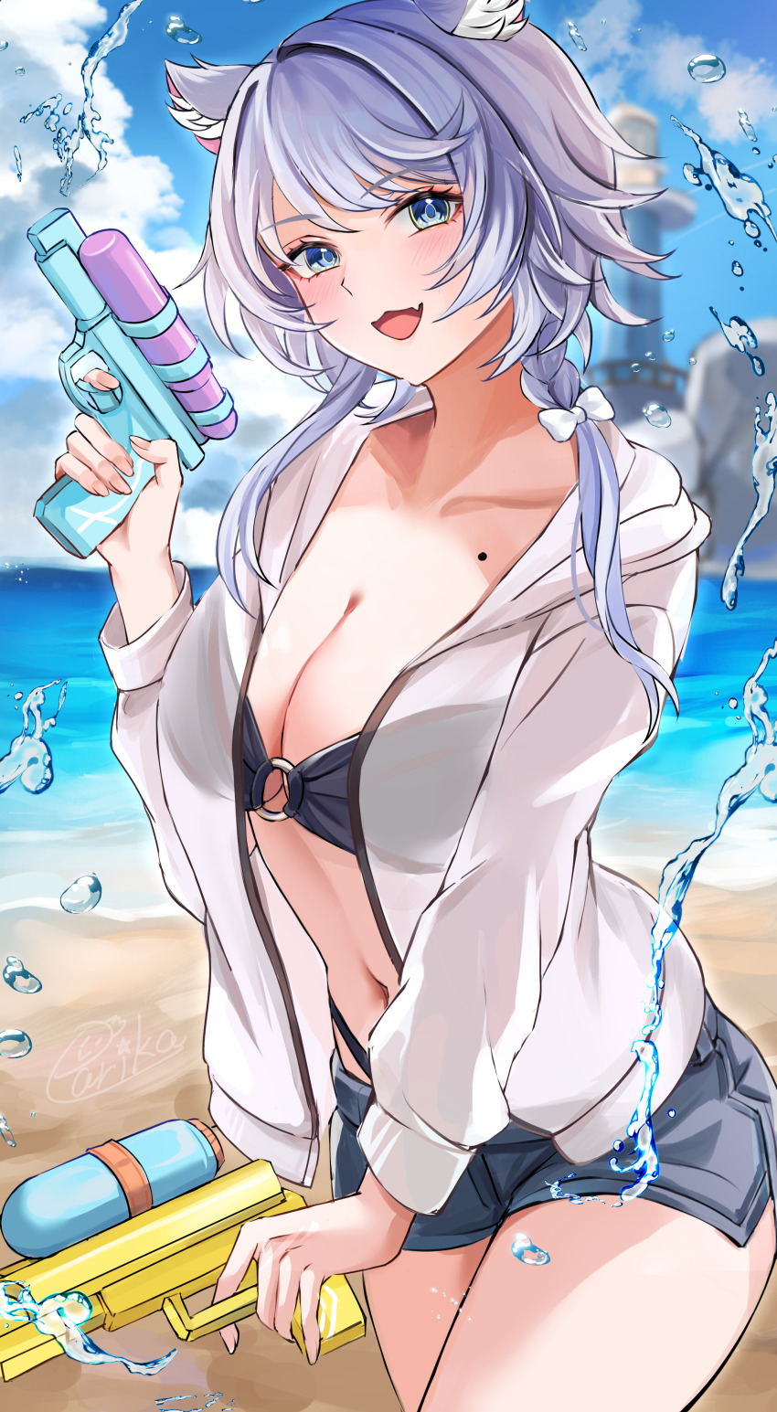 1girl, absurdres, alternate_costume, animal_ears, beach, bikini, black_bikini, blue_eyes