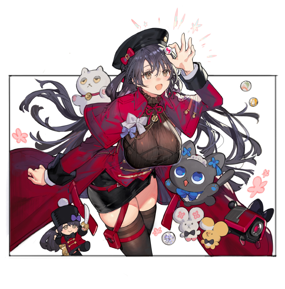 1girl, black_hair, black_hat, black_skirt, bow, breasts, brown_eyes, brown_thighhighs