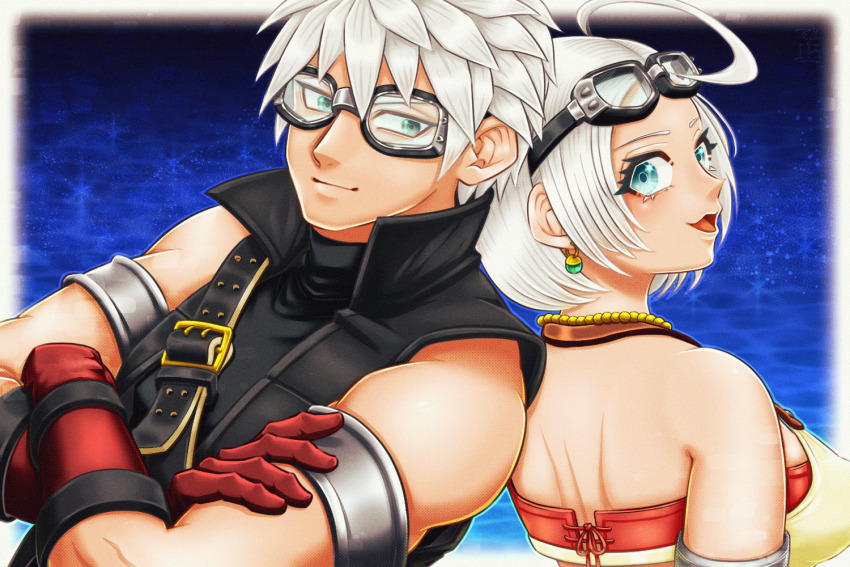 1boy, 1girl, ahoge, aqua_eyes, armlet, back-to-back, black_shirt, black_vest