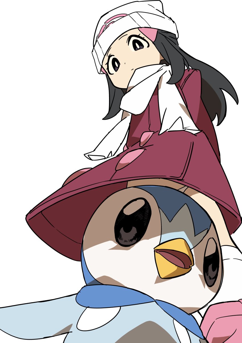 1girl, absurdres, beanie, bird, black_eyes, black_hair, boots, closed_mouth, coat, convenient_censoring, dawn_(pokemon), from_below, gen_4_pokemon, hair_ornament, hairclip, hat, highres, loli, long_hair, looking_at_viewer, looking_down, matching_hair/eyes, nintendo, over-kneehighs, panties, panty_peek, pantyshot, penguin, photobomb, pink_boots, piplup, pokemon, pokemon_(creature), pokemon_diamond/pearl/platinum, pokemon_platinum, red_coat, scarf, sidelocks, simple_background, thighhighs, underwear, upskirt, white_background, white_hat, white_panties, white_scarf, white_thighhighs, yuateheng