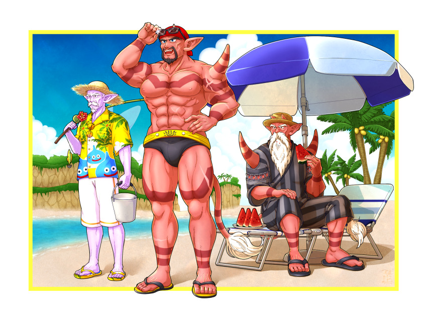 3boys, :d, abs, bandana, beach, beach_chair, beach_umbrella, beard, black_eyes, black_facial_hair, black_male_swimwear, blue_eyes, blue_sky, body_markings, border, bucket, chair, cheekbones, cloud, colored_skin, commentary_request, cross_scar, dragon_quest, dragon_quest_x, facial_hair, fairy_wings, fishing_rod, flower, food, fruit, hat, hibiscus, highres, holding, holding_bucket, holding_fishing_rod, holding_food, holding_fruit, isana_ue_(n2nomad), japanese_clothes, jinbei_(clothes), king_bagudo, king_grosuna, looking_ahead, looking_up, male_focus, male_swimwear, mature_male, multiple_boys, muscular, muscular_male, navel, nikoroi_(dq10), nipples, old, old_man, on_chair, open_mouth, outdoors, pointy_ears, print_shirt, purple_skin, red_bandana, red_flower, red_skin, sandals, scar, scar_on_leg, scar_on_stomach, shirt, shoes, shorts, shoulder_spikes, sitting, sky, slime_(dragon_quest), smile, spikes, straw_hat, striped_clothes, swim_briefs, tail, umbrella, water, watermelon, watermelon_slice, white_border, white_facial_hair, white_hair, white_shorts, wings, wrinkled_skin, yellow_shoes