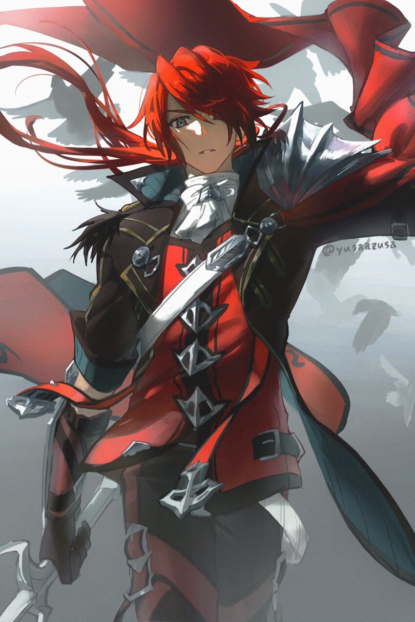 1boy, armor, black_gloves, closed_mouth, coat, crimson_king_(ys), gloves, gradient_background