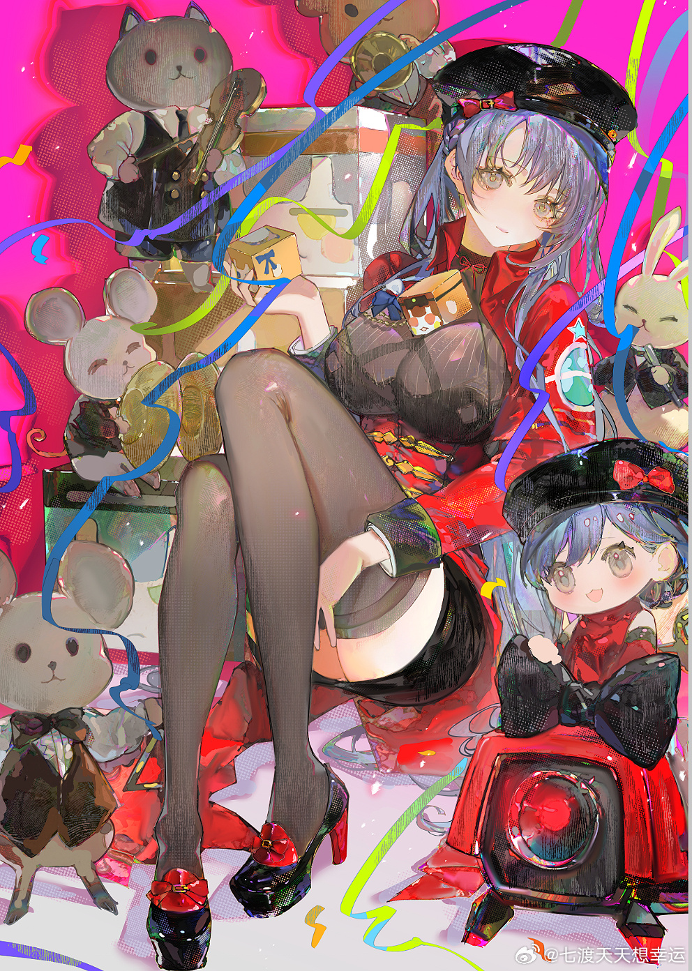 1girl, black_hair, black_hat, black_skirt, bow, breasts, brown_eyes, brown_thighhighs