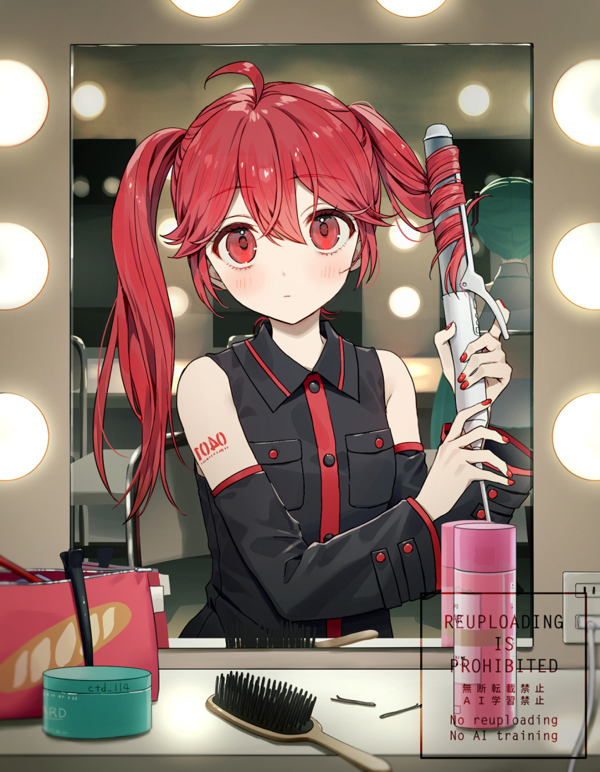 2girls, ahoge, alternate_hair_length, alternate_hairstyle, black_shirt, black_sleeves, blue_hair, blush, buttons, closed_mouth, collared_shirt, comb, commentary_request, ctd_114, curling_iron, detached_sleeves, hair_between_eyes, hatsune_miku, highres, holding, holding_curling_iron, kasane_teto, kasane_teto_(utau), long_sleeves, looking_at_viewer, mirror, multiple_girls, red_eyes, red_hair, shirt, shoulder_tattoo, sleeveless, sleeveless_shirt, tattoo, twintails, upper_body, utau, vocaloid, watermark