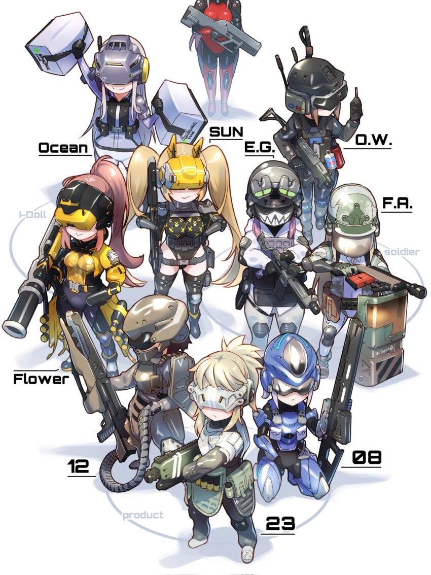 ammunition_belt, armband, armor, armored_bodysuit, assault_rifle, black_bodysuit, black_gloves, blonde_hair