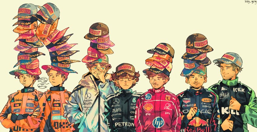 6+boys, absurdres, andrea_kimi_antonelli, baseball_cap, black_eyes, black_racing_suit, blue_eyes, blue_racing_suit