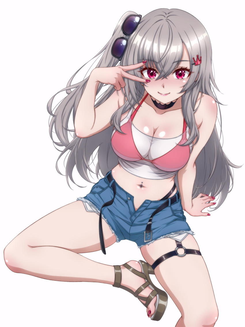 1girl, absurdres, arm_support, bare_arms, bikini, bikini_top_only, bikini_under_clothes, black_choker