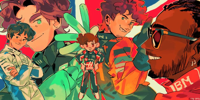 5boys, :d, alexander_albon, beard, black_eyes, black_hair, black_racing_suit, blue_eyes