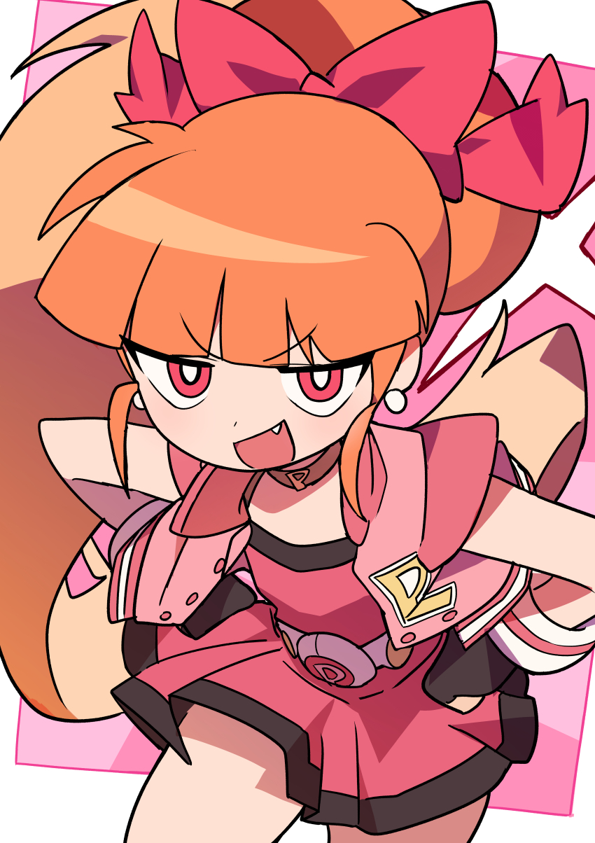 1girl, :d, absurdres, belt, black_gloves, border, choker, cowboy_shot, cropped_jacket, dress, fang, female_focus, fingerless_gloves, gloves, hair_ribbon, highres, huge_filesize, hyper_blossom, jacket, long_hair, looking_at_viewer, open_mouth, orange_hair, pink_dress, pink_jacket, powerpuff_girls_z, red_eyes, red_ribbon, ribbon, short_dress, sidelocks, smile, solo, standing, very_long_hair, yuateheng