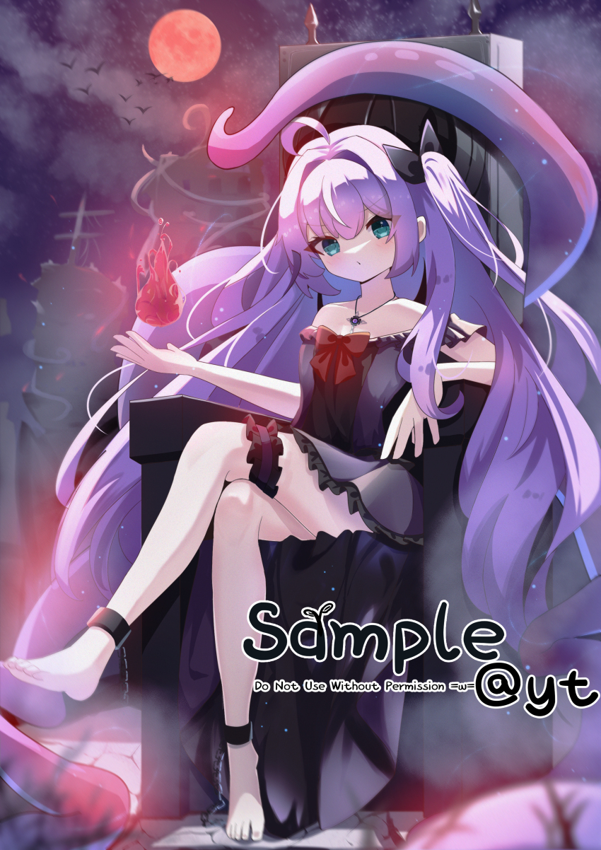 1girl, absurdres, ahoge, bare_shoulders, barefoot, black_dress, black_ribbon, bow