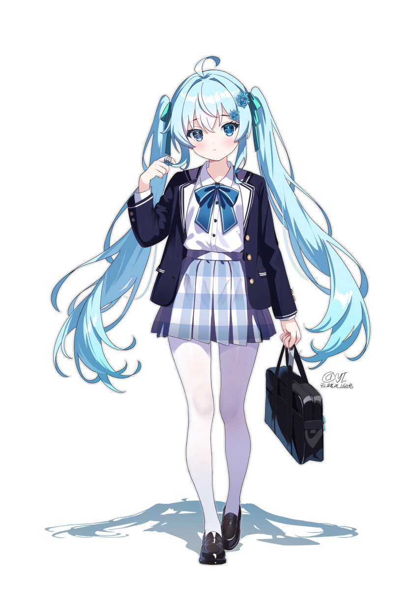 1girl, absurdres, bag, black_jacket, blazer, blue_bow, blue_eyes, blue_hair