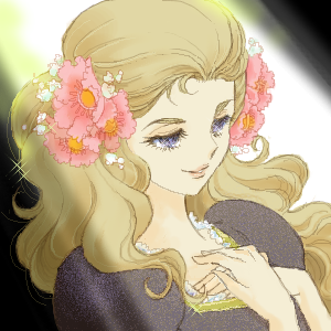 blonde_hair, flower, glass_no_kamen, hair_flower, hair_ornament, hands_on_own_chest, himekawa_ayumi, lowres