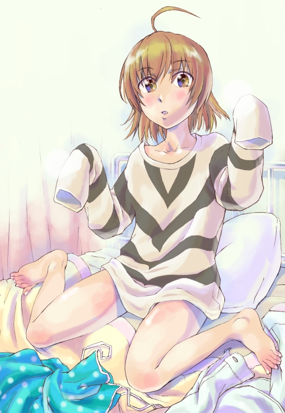 1girl, accelerator_(toaru_majutsu_no_index), accelerator_(toaru_majutsu_no_index)_(cosplay), ahoge, bare_legs, barefoot, blanket, blue_dress