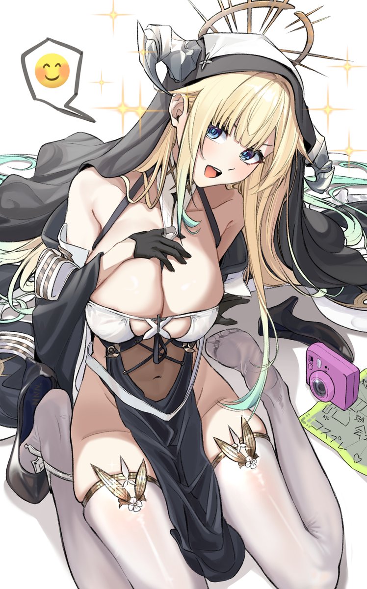 1girl, :d, aizawa_ema, arurire, azur_lane, bare_shoulders, between_breasts, black_gloves