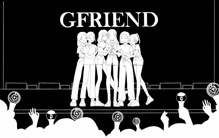 6+girls, ^_^, blunt_bangs, bob_cut, closed_eyes, commentary, english_commentary, eunha_(gfriend)