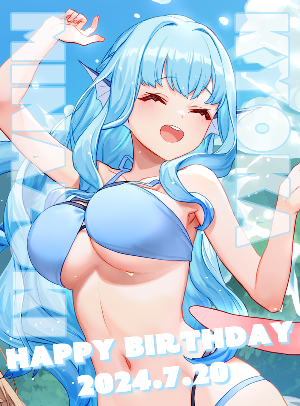 ^_^, arm_up, armpits, bare_shoulders, bikini, birthday, blue_bikini, blue_hair, blush, bouncing_breasts, breasts, character_name, closed_eyes, cloud, collarbone, english_text, hand_up, happy, happy_birthday, highres, izumi_sai, jingai_kyoshitsu_no_ningen_girai_kyoshi, large_breasts, long_hair, long_sidelocks, minazuki_kyoka, navel, official_art, open_mouth, outdoors, sidelocks, skirt, smile, splashing, standing, swimsuit, teeth, underboob, upper_body, upper_teeth_only, very_long_hair, wavy_hair, wet