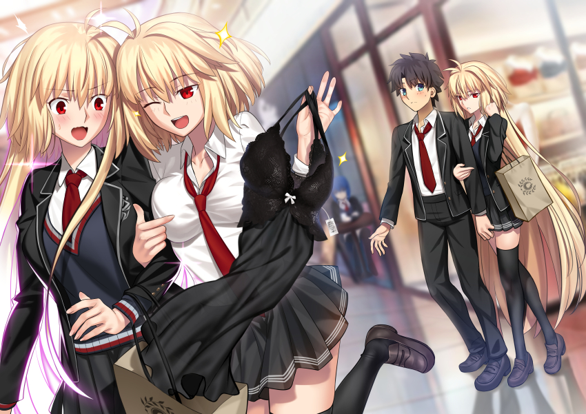 1boy, 3girls, absurdres, archetype_earth, arcueid_brunestud, besmiled, black_bra, black_hair