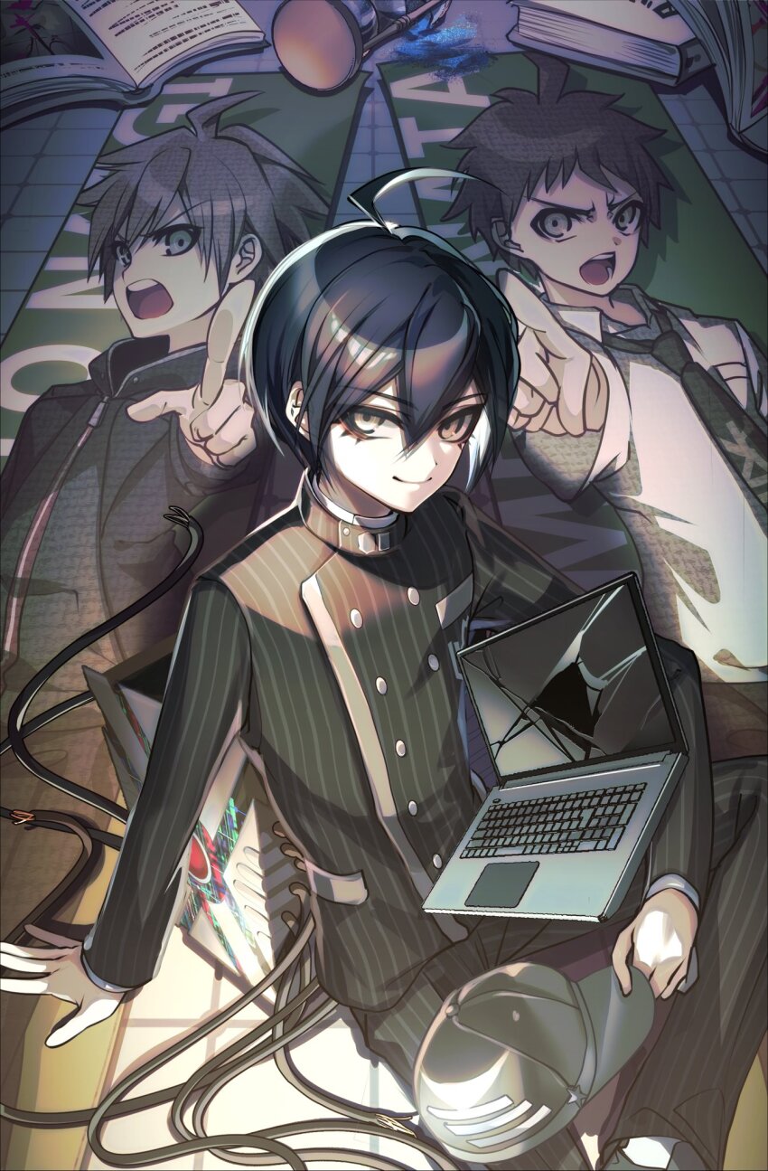 3boys, ahoge, arm_support, black_hair, black_jacket, book, broken_glass, broken_hourglass, brown_eyes, brown_hair, buttons, cable, collared_jacket, commentary, computer, danganronpa:_trigger_happy_havoc, danganronpa_(series), danganronpa_2:_goodbye_despair, danganronpa_v3:_killing_harmony, double-breasted, eyelashes, from_above, glass, hair_between_eyes, hat, highres, hinata_hajime, jacket, laptop, long_sleeves, looking_at_viewer, male_focus, multiple_boys, naegi_makoto, necktie, nota_sayaka, on_floor, open_mouth, pants, pinstripe_jacket, pinstripe_pants, pinstripe_pattern, poster_(object), saihara_shuichi, school_uniform, shirt, short_hair, sitting, smile, striped_clothes, striped_jacket, unworn_hat, unworn_headwear, wire