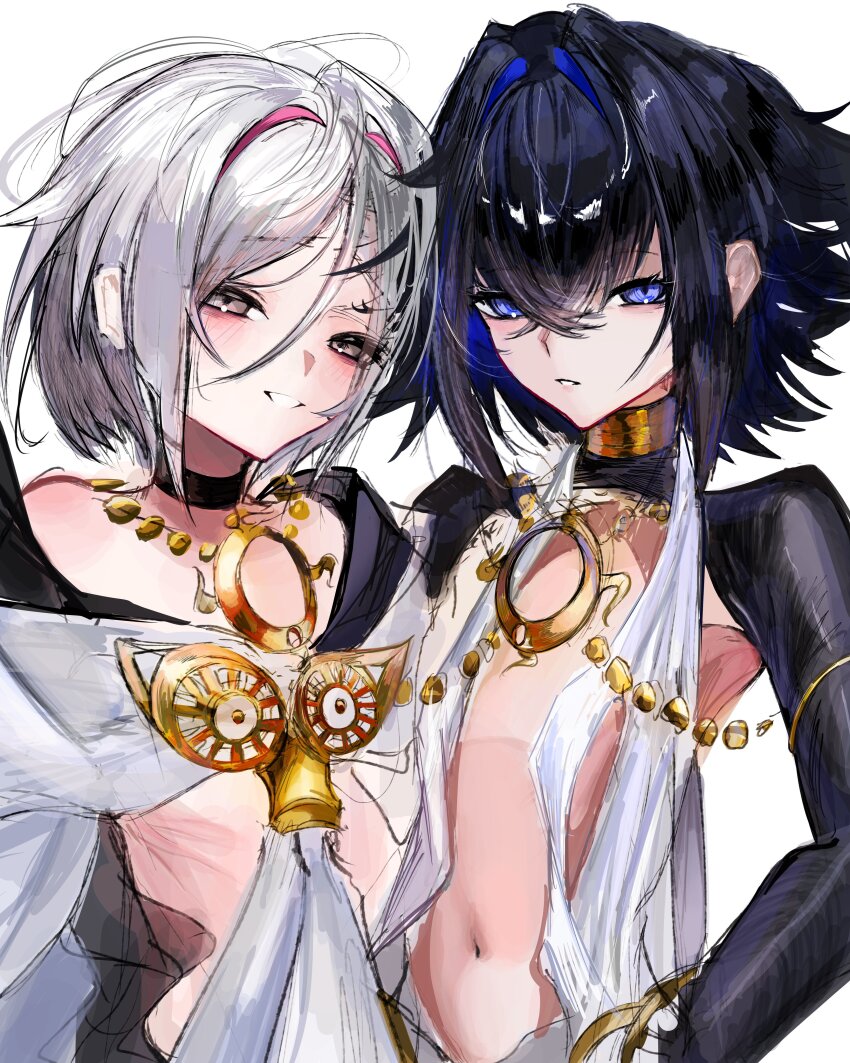 2boys, absurdres, androgynous, black_hair, blue_hair, blush, choker, dove_(fate), fate/grand_order, fate_(series), grey_eyes, hair_intakes, highres, jewelry, looking_at_viewer, multicolored_hair, multiple_boys, navel, necklace, one_eye_closed, open_mouth, pink_hair, raven_(fate), short_hair, shrug_(clothing), simple_background, smile, streaked_hair, tiritumo_21, trap, upper_body, white_background, white_hair