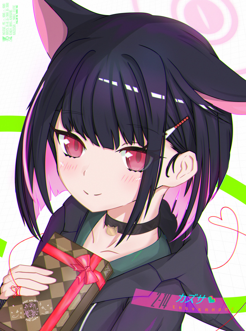 1girl, absurdres, animal_ears, artist_name, black_choker, black_hair, black_hoodie, blue_archive
