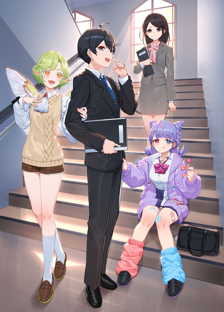3girls, ahoge, ascot, bandaid, black_hair, black_jacket, black_pants, black_ribbon, black_shoes, black_suit, blue_bow, blue_eyes, blue_nails, blue_necktie, blue_socks, blunt_bangs, blush, bow, breasts, brooch, brown_eyes, brown_hair, brown_jacket, brown_shoes, brown_shorts, brown_skirt, brown_vest, butterfly_wings, candy, closed_mouth, collarbone, collared_shirt, crossed_bangs, dress_shoes, elf, food, formal_clothes, full_body, green_hair, hair_between_eyes, hair_ornament, hand_on_own_cheek, hand_on_own_chest, hand_on_own_face, hands_up, haruna_mirai, heterochromia, hitoma_rei, holding, holding_another's_arm, holding_another's_leg, holding_candy, holding_food, hood, hoodie, indoors, insect_wings, izumi_sai, jacket, jewelry, jingai_kyoshitsu_no_ningen_girai_kyoshi, large_breasts, licking_lips, loafers, long_hair, long_sleeves, loose_socks, low-tied_sidelocks, low_twintails, medium_breasts, multiple_girls, nail_polish, necktie, official_art, okonogi_maki, open_clothes, open_hoodie, open_mouth, pants, pencil_skirt, piercing, pink_bow, pink_ribbon, pink_socks, pleated_skirt, pointy_ears, polka_dot, polka_dot_background, purple_hoodie, purple_skirt, ribbon, shirt, shoes, short_hair, short_shorts, shorts, sidelocks, sitting, skirt, smile, socks, stairs, standing, striped_bow, suit, suit_jacket, sweater_vest, tareme, tented_shirt, thighs, tongue, tongue_out, twintails, vest, wakaba_aoi, white_ascot, white_shirt, white_socks, window, wings, x_hair_ornament