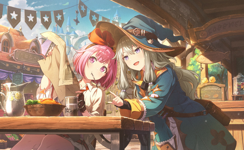 2girls, atashi-tachi_no_happy_end_(project_sekai), baby_animal, bird, blue_hat, blue_sky, brown_bag, brown_gloves