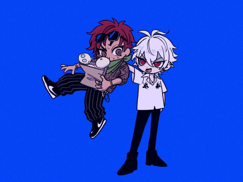 2boys, :d, abinofa, ankle_boots, antenna_hair, aohitsugi_samatoki, arm_at_side, bag