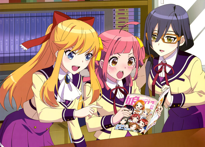 3girls, absurdres, ahoge, anime-gataris, anime_coloring, artist_request, asagaya_minoa, ascot