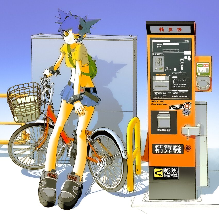 1girl, backpack, bag, basket, belt, bicycle, black_shoes, blue_hair