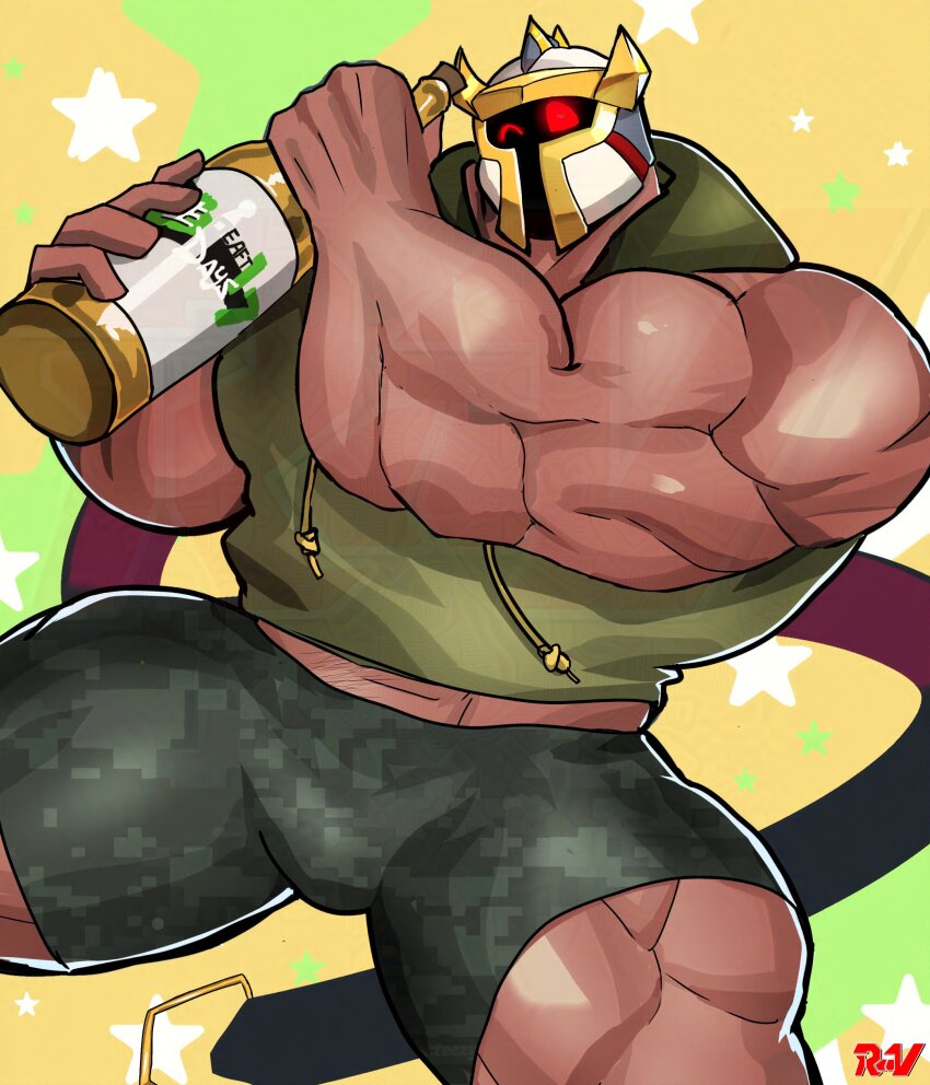 1boy, absurdres, bara, beernox_(xxl), bottle, commentary, dark-skinned_male, dark_skin, english_commentary, green_hoodie, helm, helmet, highres, holding, holding_bottle, hood, hood_down, hoodie, male_focus, muscular, muscular_arms, muscular_legs, muscular_male, one_eye_closed, red_eyes, ruvkun, shirt, sleeveless, sleeveless_hoodie, solo, star_(symbol), thighs, tight_clothes, tight_shirt, wine_bottle, xxl_woofia, yellow_background