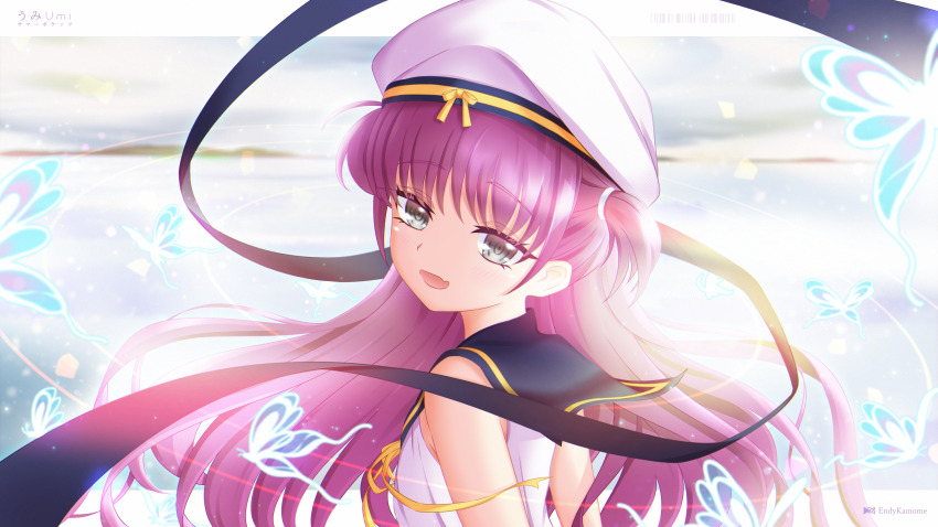 1girl, absurdres, arms_behind_back, artist_name, black_ribbon, blue_butterfly, blush, bow