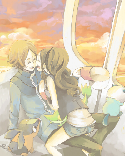 10s, 1boy, 1girl, bad_id, bad_pixiv_id, baseball_cap, brown_hair, closed_eyes, couple, gen_5_pokemon, hat, hetero, hilbert_(pokemon), hilda_(pokemon), lowres, mayuuuuu, nintendo, oshawott, pokemon, pokemon_(creature), pokemon_black_and_white, ponytail, snivy, starter_pokemon_trio, tepig