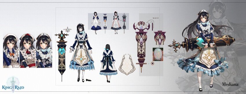 apron, back_ribbon, black_dress, black_hair, black_shoes, blue_dress, blue_gem, blue_ribbon