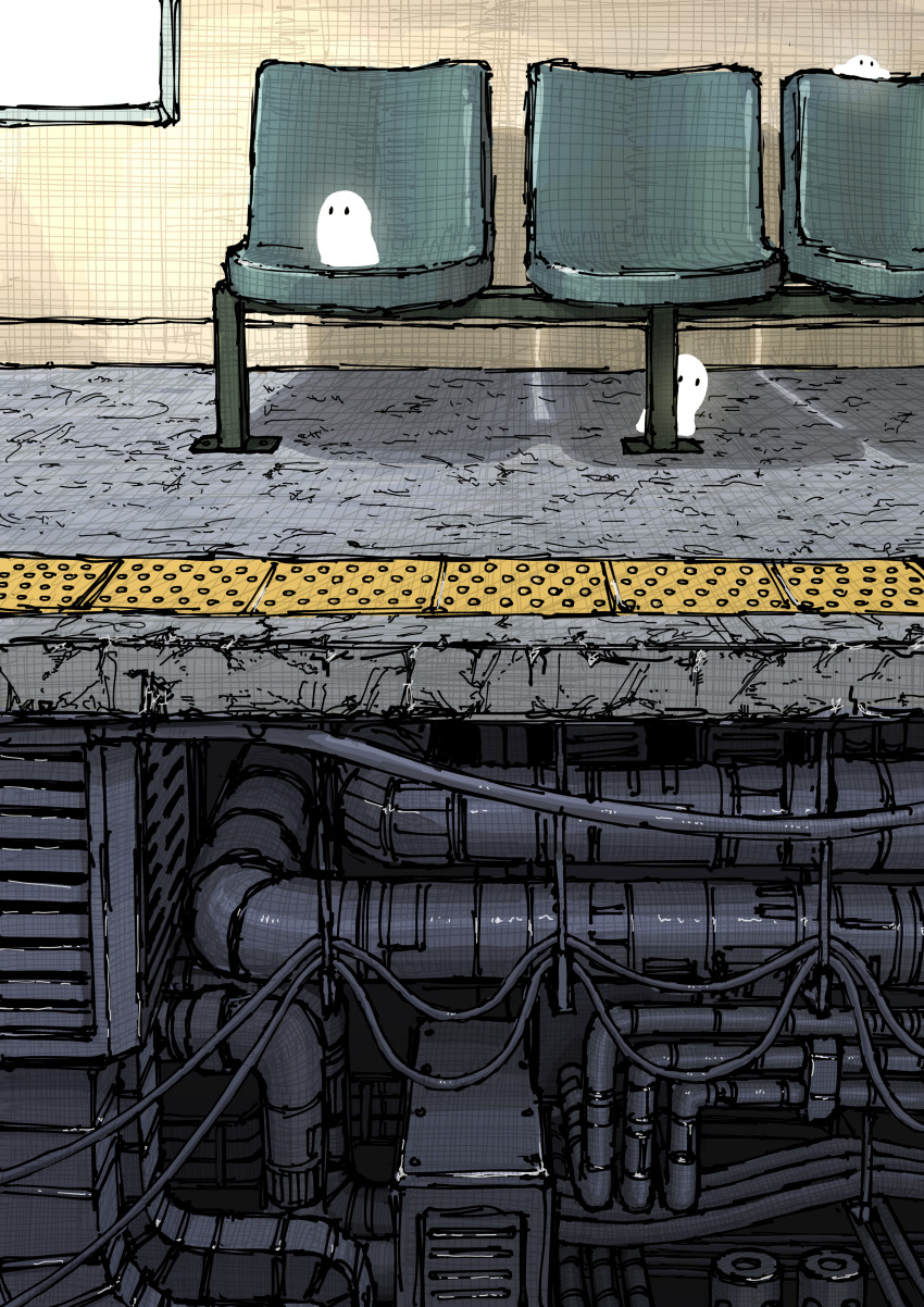 absurdres, air_duct, bench, cable, commentary_request, concrete, ghost, highres