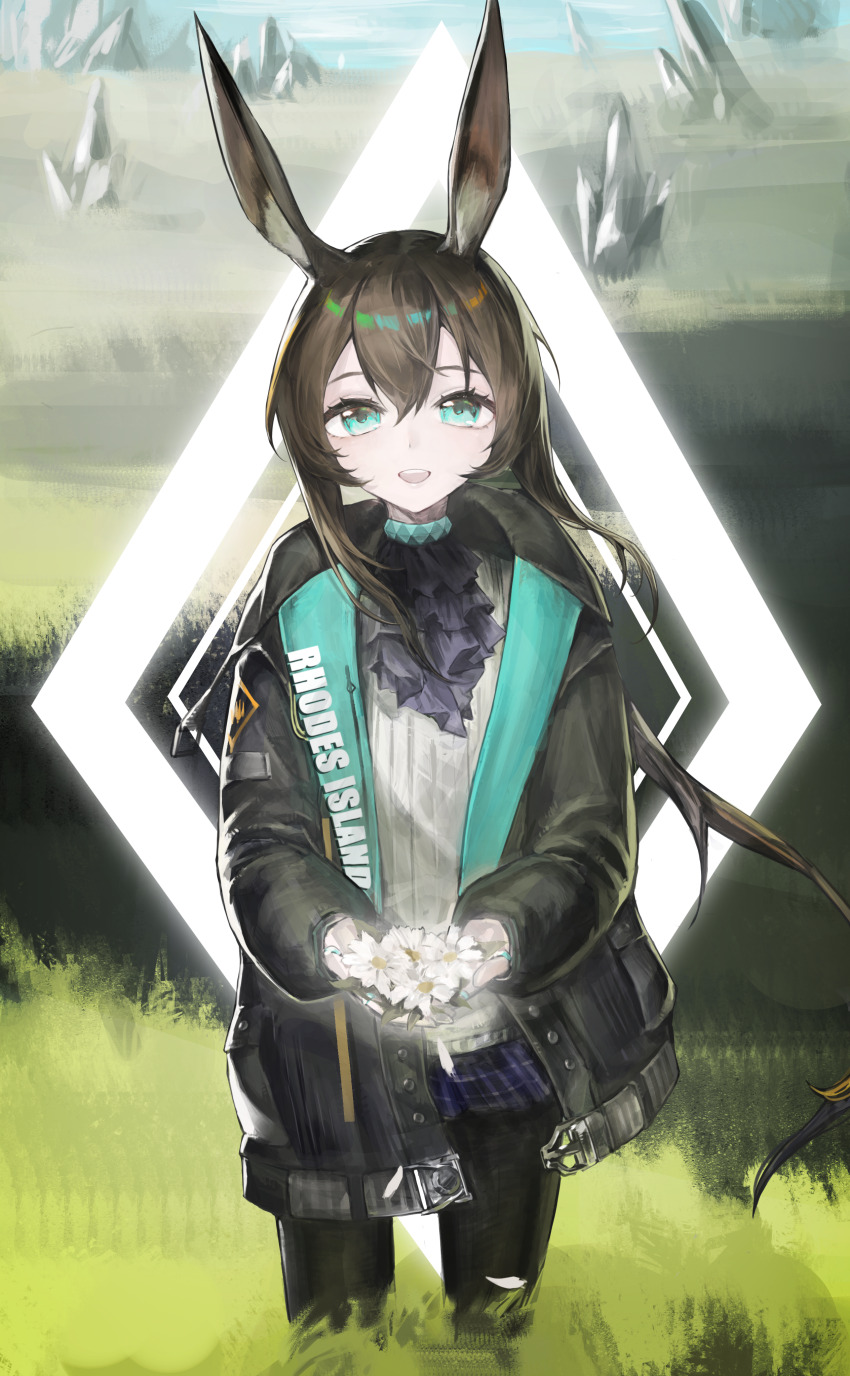 1girl, :d, absurdres, amiya_(arknights), animal_ears, arknights, ascot, black_jacket