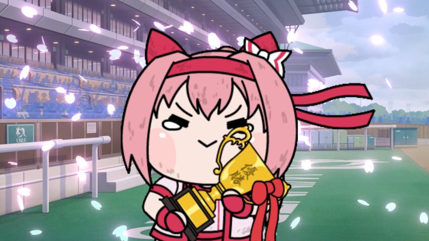 1girl, animal_ears, arima_kinen, blush, bow, closed_eyes, closed_mouth, crowd, ear_bow, ear_covers, fingerless_gloves, gloves, hairband, haru_urara_(bestest_prize)_(umamusume), haru_urara_(umamusume), headband, highres, holding, holding_trophy, horse_ears, horse_girl, horse_racing_track, jacket, long_hair, mot_(mad_odd_tea), pink_hair, pink_headband, ponytail, red_gloves, red_headband, shirt, smile, solo_focus, tearing_up, tears, trophy, umamusume, upper_body, white_jacket, white_shirt