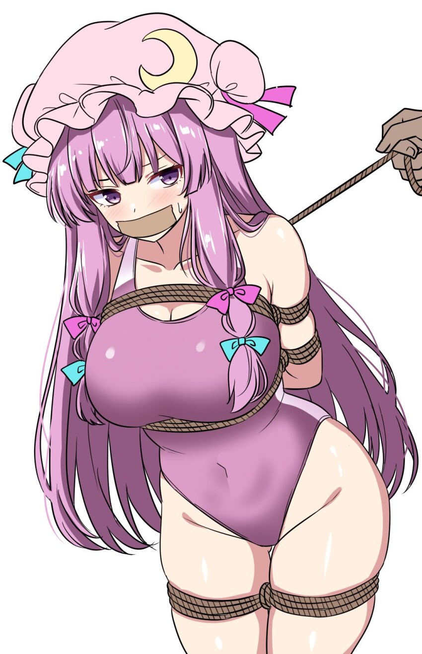 1boy, 1girl, bdsm, bondage, bound, breasts, cleavage, crescent, crescent_hat_ornament, frilled_hat, frills, gag, hat, hat_ornament, highres, improvised_gag, large_breasts, long_hair, looking_at_another, one-piece_swimsuit, patchouli_knowledge, purple_eyes, purple_hair, purple_one-piece_swimsuit, rise_(rise19851203), sweat, swimsuit, tape, tape_gag, thick_thighs, thighs, touhou, unfinished, white_background