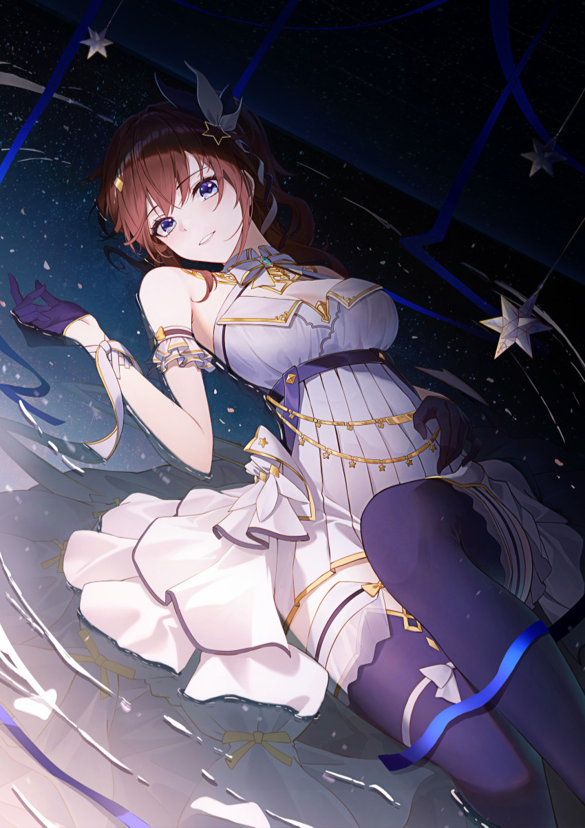 1girl, absurdres, arm_strap, bare_shoulders, blue_eyes, blue_gloves, blue_thighhighs, blush