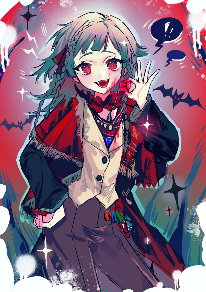 !, !!, 1girl, :d, ambiguous_red_liquid, baizangze, bat_(animal), black_coat