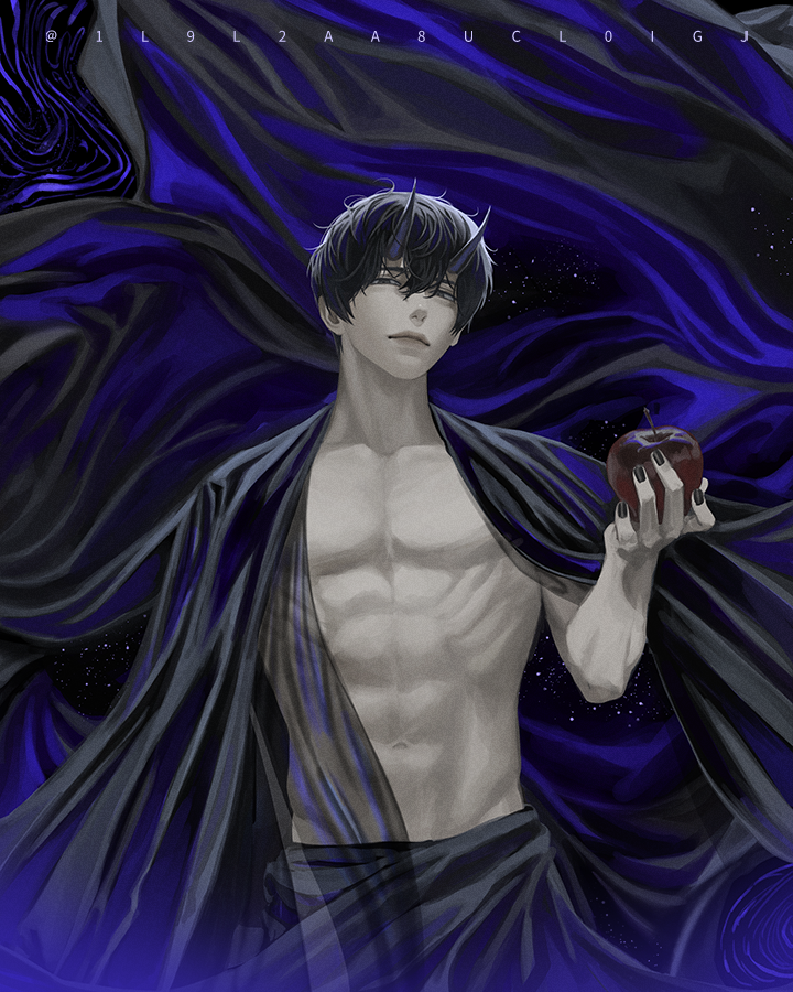 1boy, :|, abs, apple, bags_under_eyes, black_cloak, black_eyes, black_hair