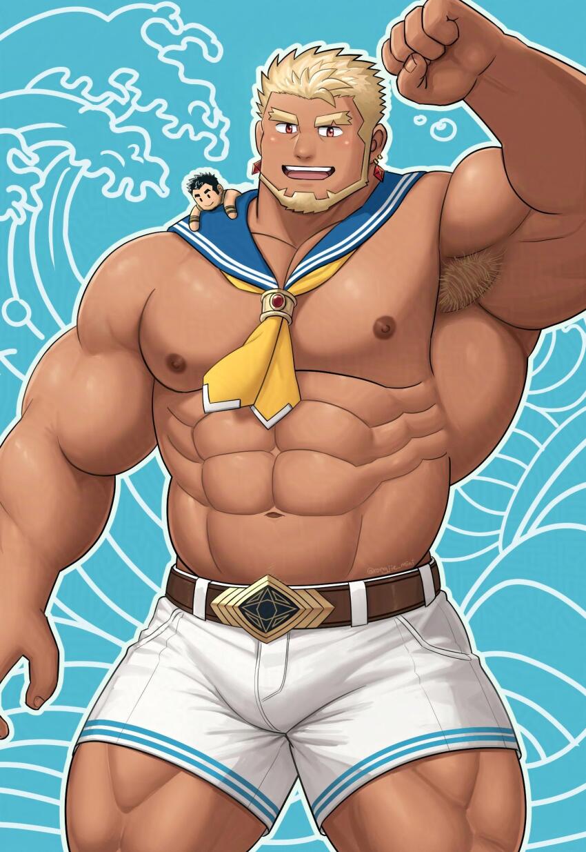 1boy, abs, alternate_costume, arm_up, armpit_hair, bara, beard, belt