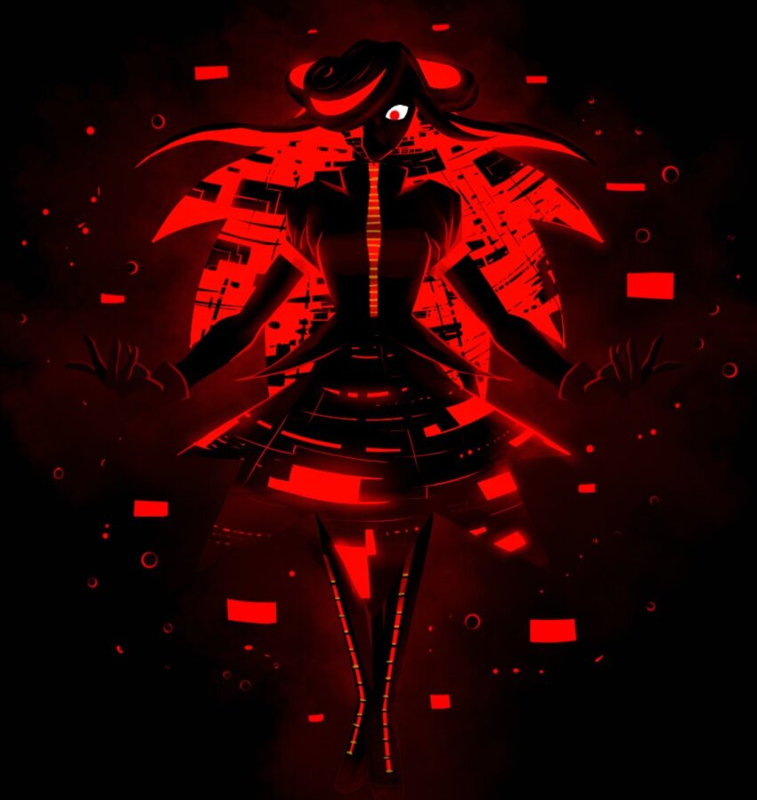 1girl, aged_up, alternate_design, borrowed_design, commentary, english_commentary, full_body, glitch