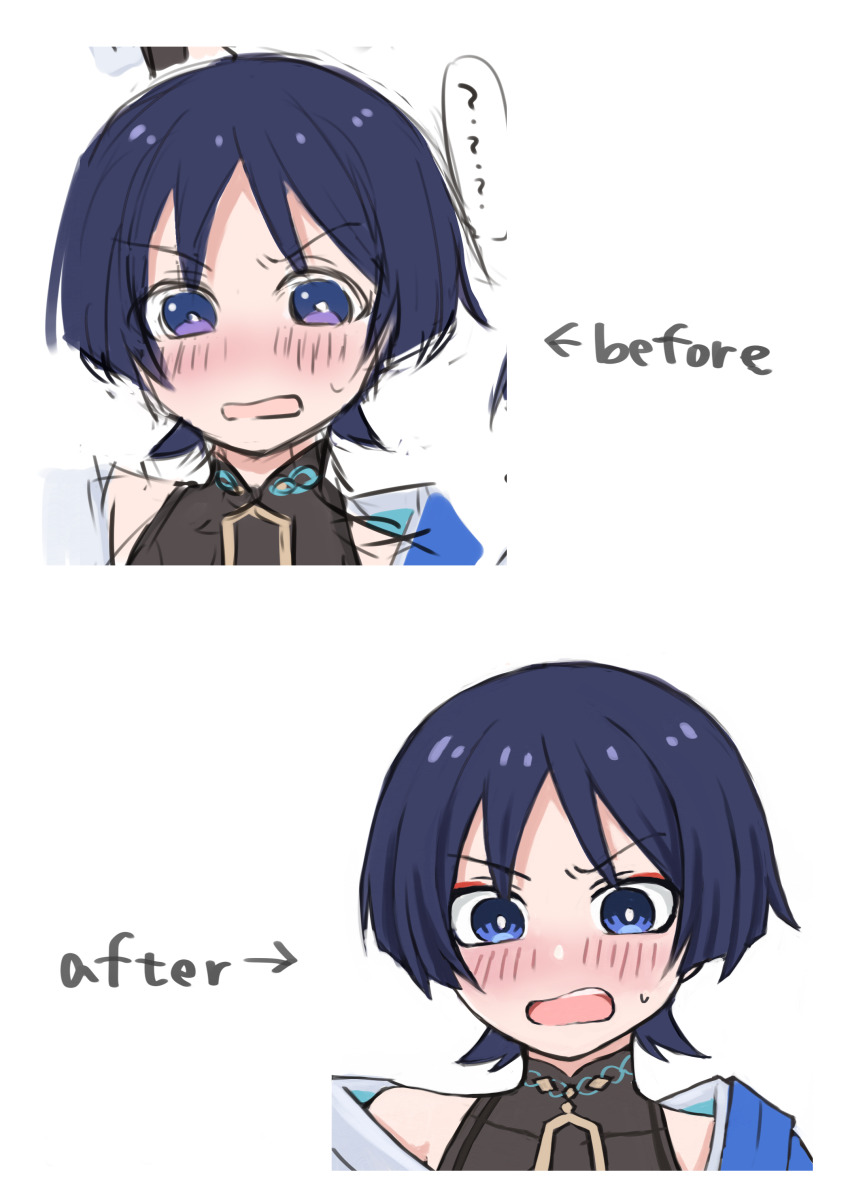 1boy, absurdres, artist_progress, black_bodysuit, black_hair, blue_cape, blunt_ends, blush