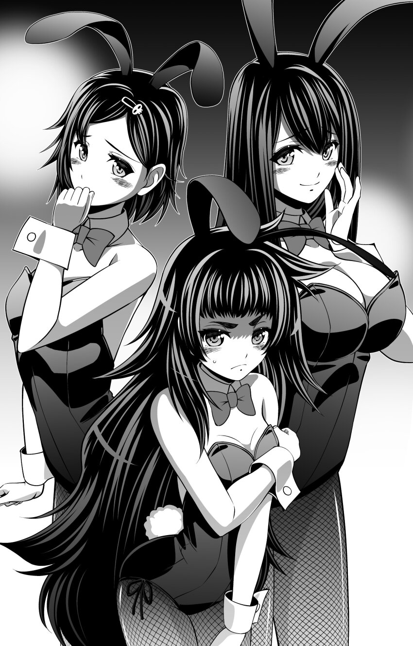 1boy, 2girls, absurdres, animal_ears, bare_shoulders, black_leotard, blunt_bangs, blush, bow, bowtie, breasts, cleavage, covering_privates, detached_collar, eibon, fake_animal_ears, fishnets, flat_chest, frown, greyscale, hair_ornament, highres, kurushima_kaede, large_breasts, leotard, long_hair, monochrome, multiple_girls, nervous, playboy_bunny, rabbit_ears, rabbit_tail, science_adventure, short_hair, shy, side-tie_leotard, skull_hair_ornament, small_breasts, smile, steins;gate, steins;gate_0, strapless, strapless_leotard, tail, thick_eyebrows, trap, urushibara_luka, very_long_hair, wrist_cuffs